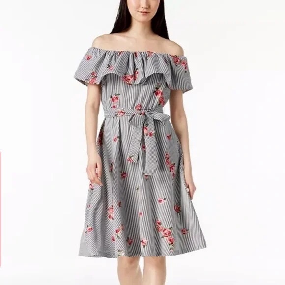 Calvin Klein - Embroidered Midi Striped Dress - Picture 1 of 5